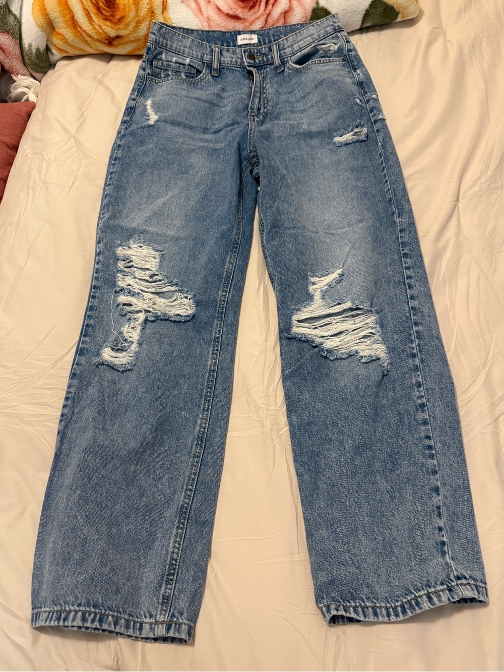 Sneak Peek Light Blue Distressed Wide-Leg Jeans